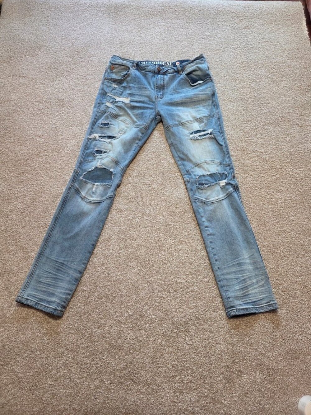 Grindhouse Denim Men’s Distressed Light Wash Distressed Biker Jeans Size 36X33